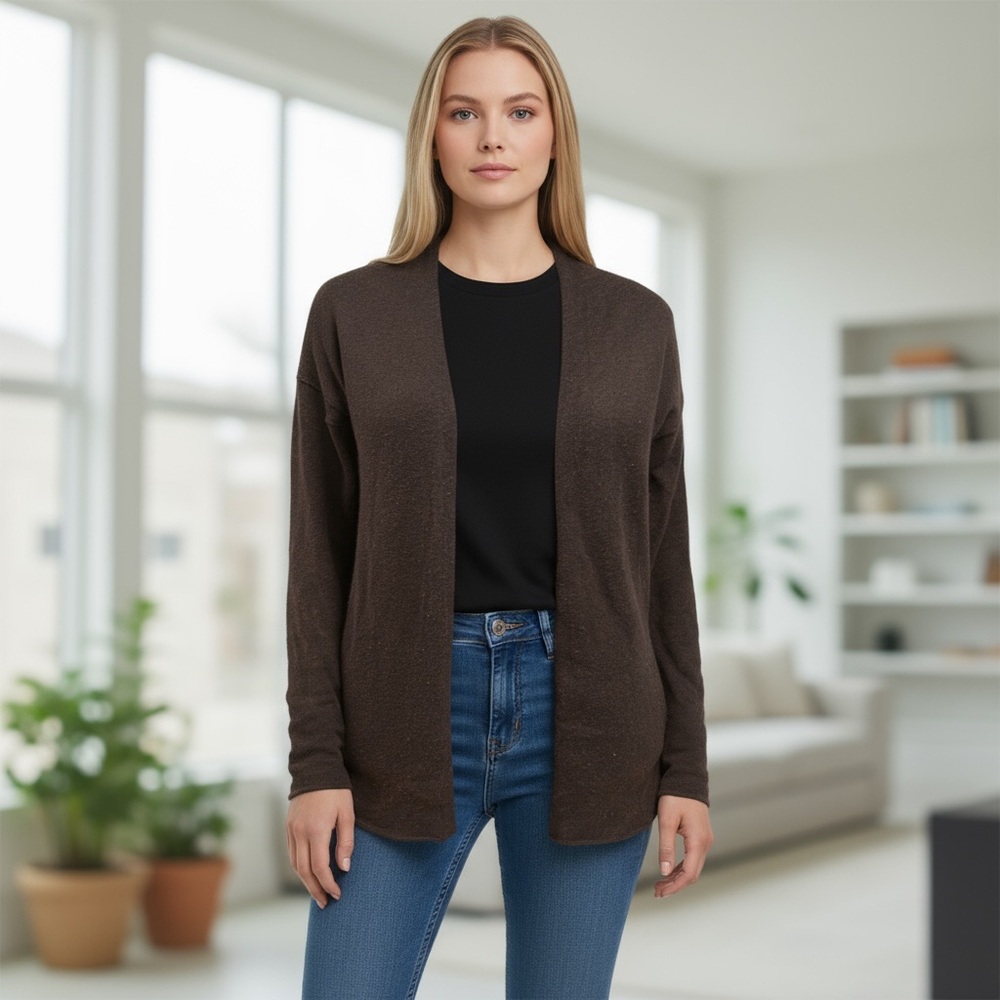 White + Warren Cashmere Button Front Cardigan Sweater Brown Size M